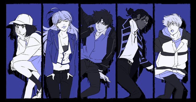 Imagen estilizada en tonos azul y negro de cinco personajes jóvenes con vestimenta urbana y actitud relajada. El diseño es muy estilizado, con influencias de anime y estética moderna.